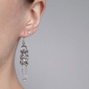 Fairy / elf style elefant long dangly caged pearl and silver chain earrings